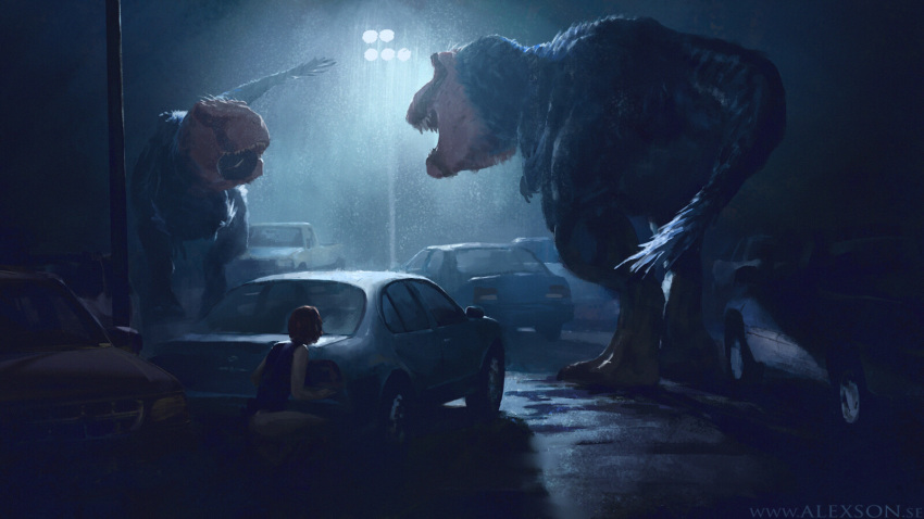 1girl, alexander_forssberg, car, dino_crisis, dinosaur, ground_vehicle, hiding, highres, lamppost, looking_at_another, motor_vehicle, night, outdoors, size_difference, squatting