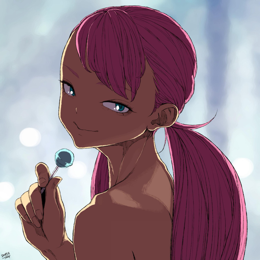 1girl, blue_eyes, candy, closed_mouth, cynthia_lane, dated, eyelashes, fingernails