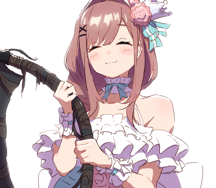 1girl, :3, ^_^, bare_shoulders, bloodborne, blush, bow, bowtie, brown_hair, closed_eyes, closed_mouth, facing_viewer, flower, frilled, ftst2020, hair_flower, hair_ornament, holding, holding_weapon, medium_hair, nijisanji, saw_cleaver, simple_background, solo, suzuhara_lulu, upper_body, virtual_youtuber, weapon, white_background, x_hair_ornament