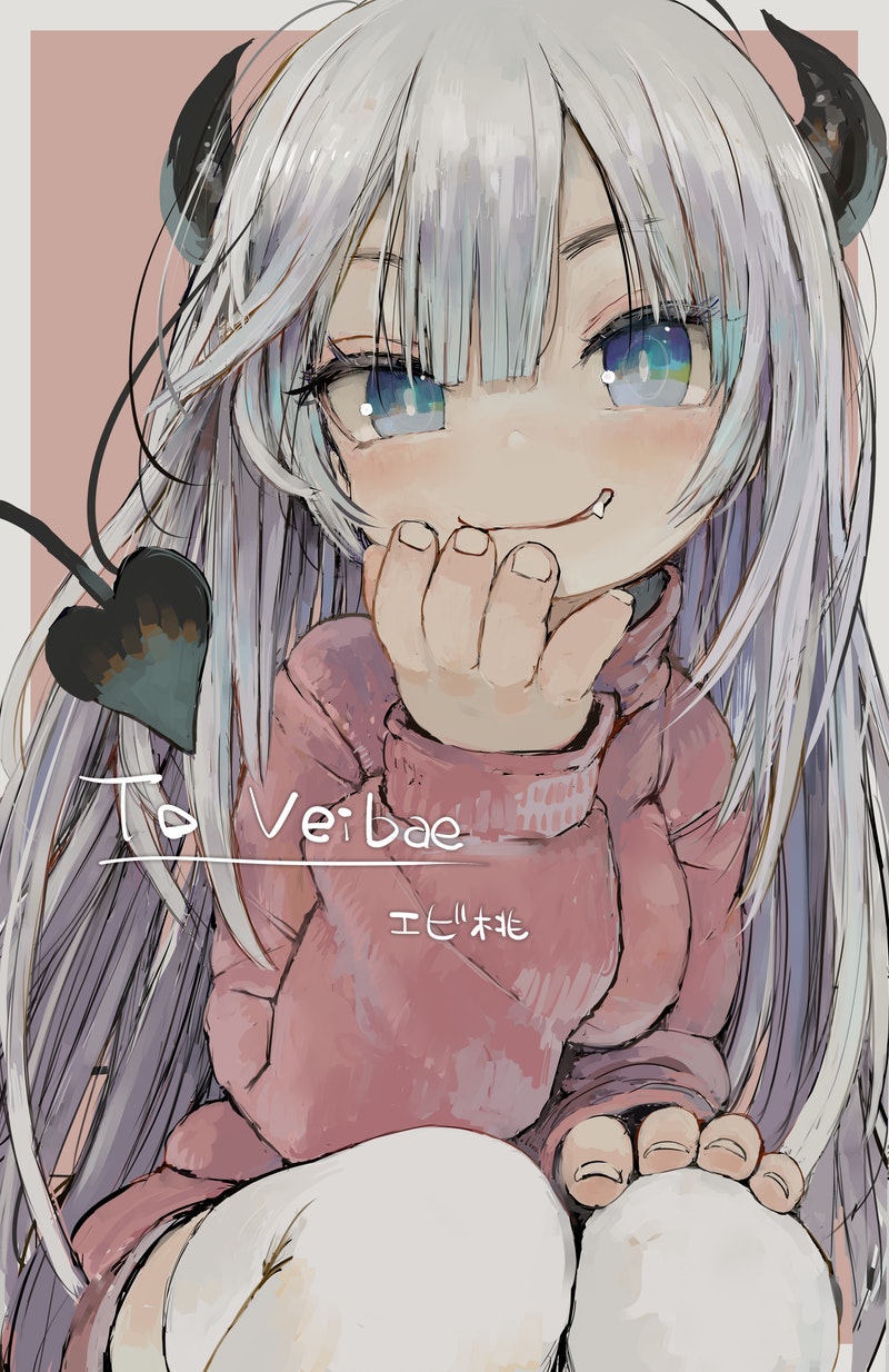 1girl, blue_eyes, bright_pupils, commission, demon_girl, demon_tail, ebimomo, fang, fang_out, fingernails, highres, horns, indie_virtual_youtuber, long_hair, long_sleeves, looking_at_viewer, pink_sweater, skeb_commission, smile, solo, squatting, sweater, tail, thigh-highs, veibae, very_long_hair, white_hair, white_legwear, white_pupils
