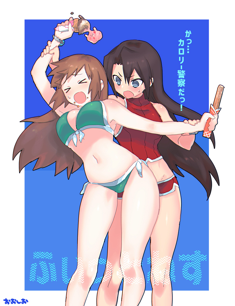 >_<, >o<, 2girls, bikini, black_hair, blue_eyes, blush, border, breasts, brown_hair, commentary_request, feet_out_of_frame, fitness_(manga), food, hair_between_eyes, holding, ice_cream, ice_cream_cone, kannagi_natsuki, large_breasts, long_hair, multiple_girls, navel, ooshio7734, open_mouth, red_bikini, standing, sugawara_makoto, sweatdrop, swimsuit, translation_request, turtleneck, v-shaped_eyebrows, white_border