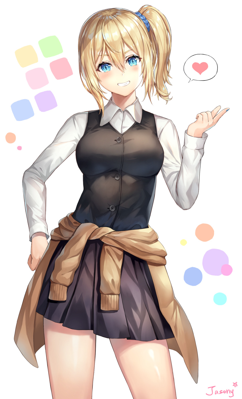 1girl, :d, bangs, black_skirt, black_vest, blonde_hair, blue_nails, breasts, brown_cardigan, cardigan, cardigan_around_waist, clothes_around_waist, collared_shirt, contrapposto, cowboy_shot, dress_shirt, eyebrows_visible_through_hair, fishking, grin, hair_ornament, hair_scrunchie, hand_on_hip, hayasaka_ai, heart, highres, index_finger_raised, kaguya-sama_wa_kokurasetai_~tensai-tachi_no_renai_zunousen~, long_sleeves, looking_at_viewer, medium_breasts, miniskirt, multicolored, multicolored_background, nail_polish, open_mouth, pleated_skirt, school_uniform, scrunchie, shirt, short_hair, shuuchiin_academy_uniform, side_ponytail, sidelocks, signature, skirt, smile, solo, speech_bubble, spoken_heart, teeth, vest, white_shirt, wing_collar