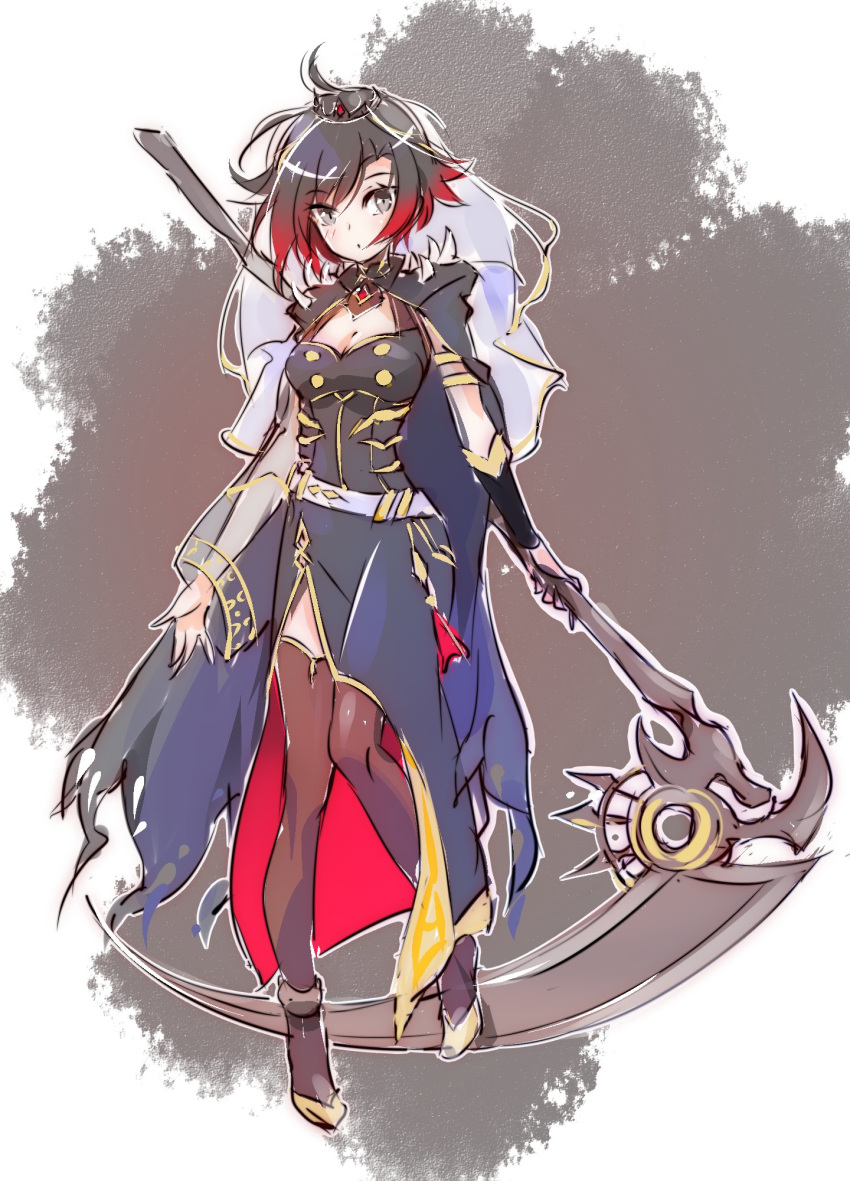 1girl, belt, black_hair, crescent_rose, gradient_hair, grey_eyes, highres, iesupa, multicolored_hair, redhead, ruby_rose, rwby, scythe, short_hair, shoulder_spikes, solo, spikes, thigh-highs, two-tone_hair, veil