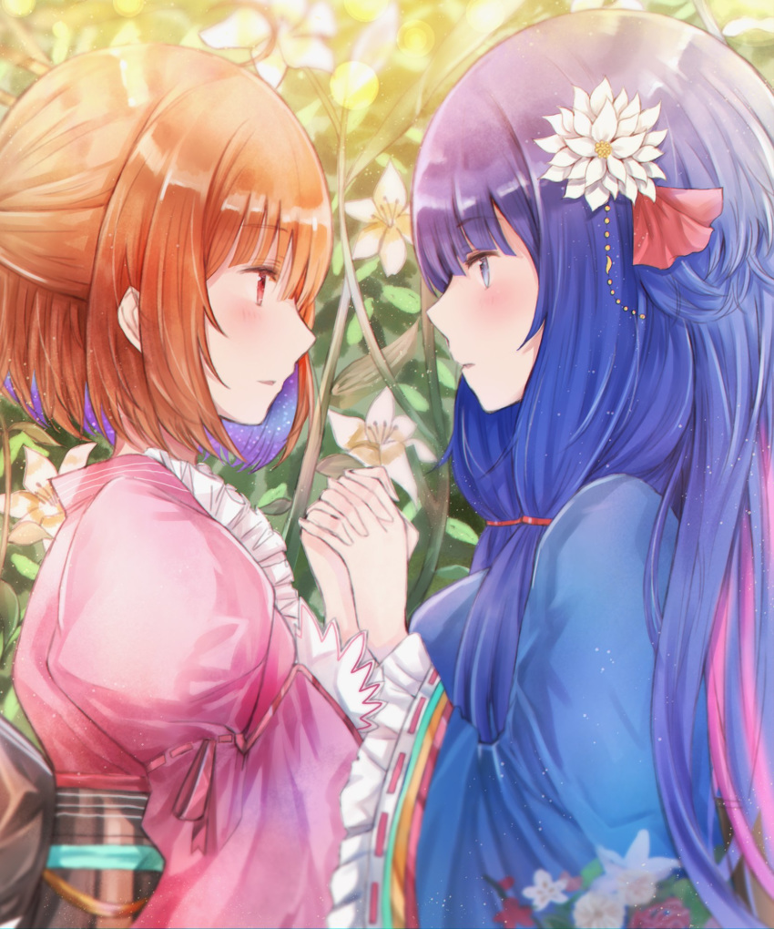 2girls, blue_eyes, blue_hair, blue_kimono, blush, flower, hair_flower, hair_ornament