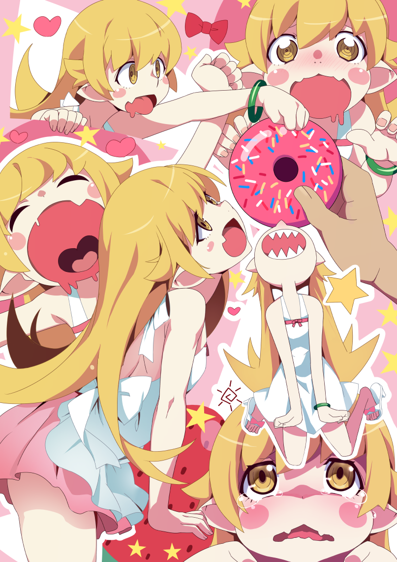 1girl, blonde_hair, blush_stickers, bracelet, doughnut, dress, fang, food