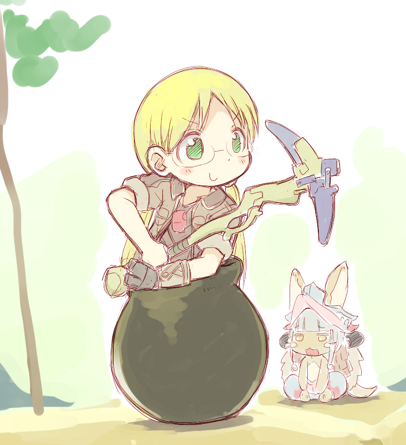 1girl, 1other, androgynous, blonde_hair, blush, closed_mouth, eyebrows_visible_through_hair, furry, getting_over_it, holding, holding_pickaxe, long_hair, looking_at_another, looking_away, low_twintails, made_in_abyss, nanachi_(made_in_abyss), open_mouth, pickaxe, riko_(made_in_abyss), sakurabe_notos, sketch, smile, twintails, whistle, whistle_around_neck