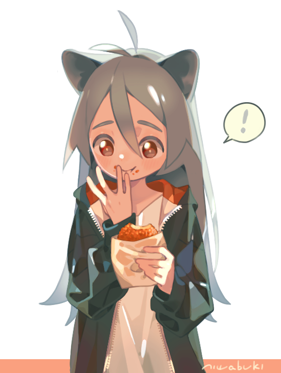 !, 1girl, 3:, :t, animal_ears, antenna_hair, aqua_hair, aqua_jacket