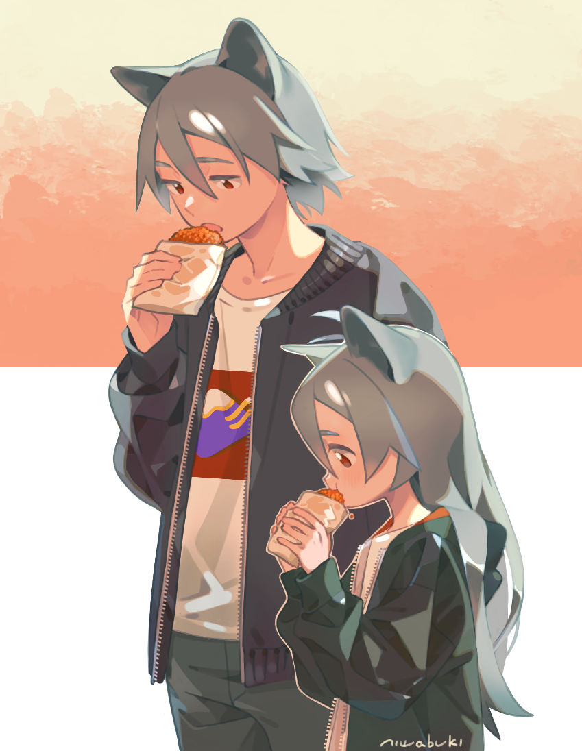 1boy, 1girl, :t, animal_ears, aqua_hair, aqua_jacket, backlighting, bangs