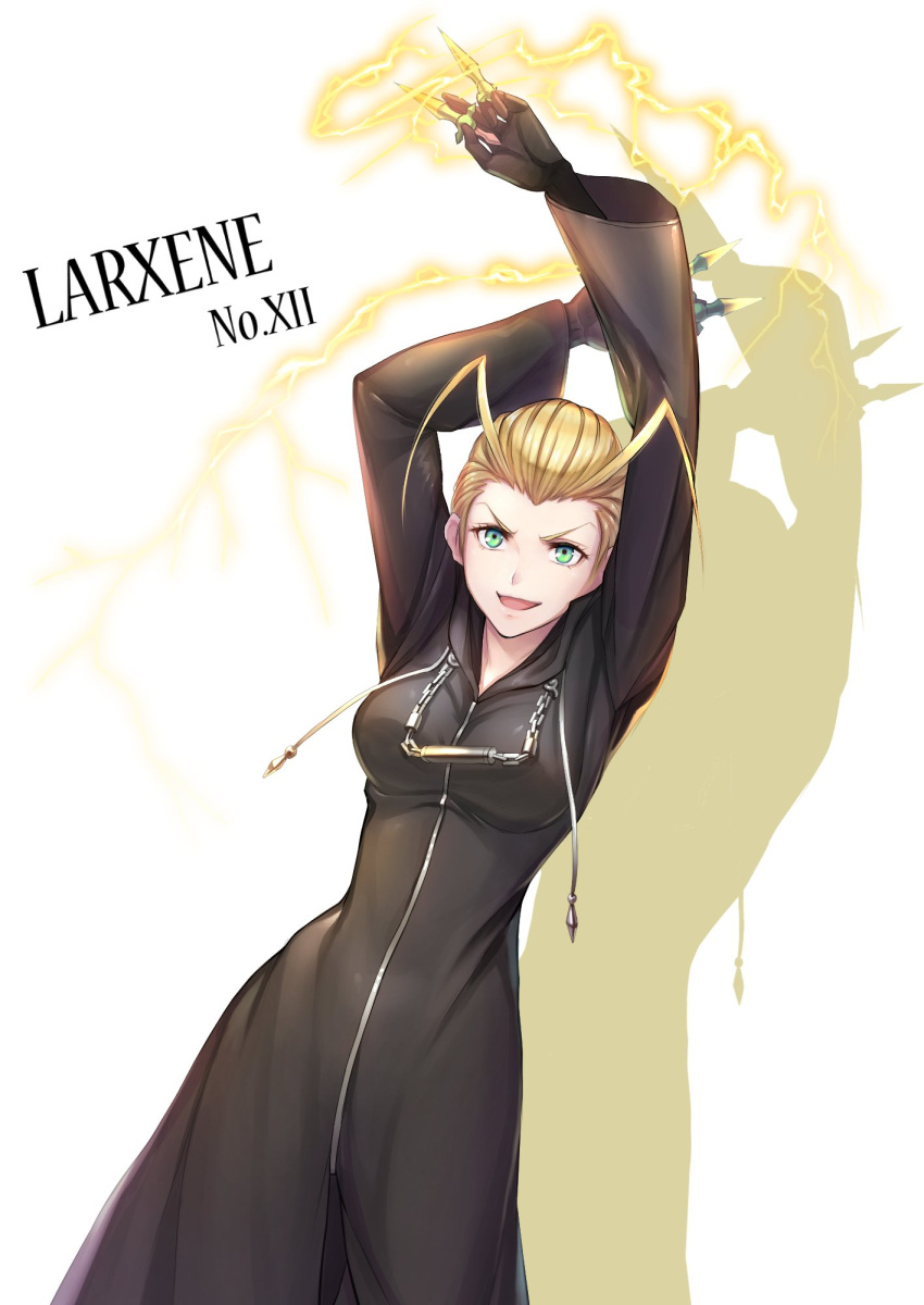 1girl, antenna_hair, black_coat_(kingdom_hearts), blonde_hair, blue_eyes, breasts, gloves, gogo_(detteiu_de)