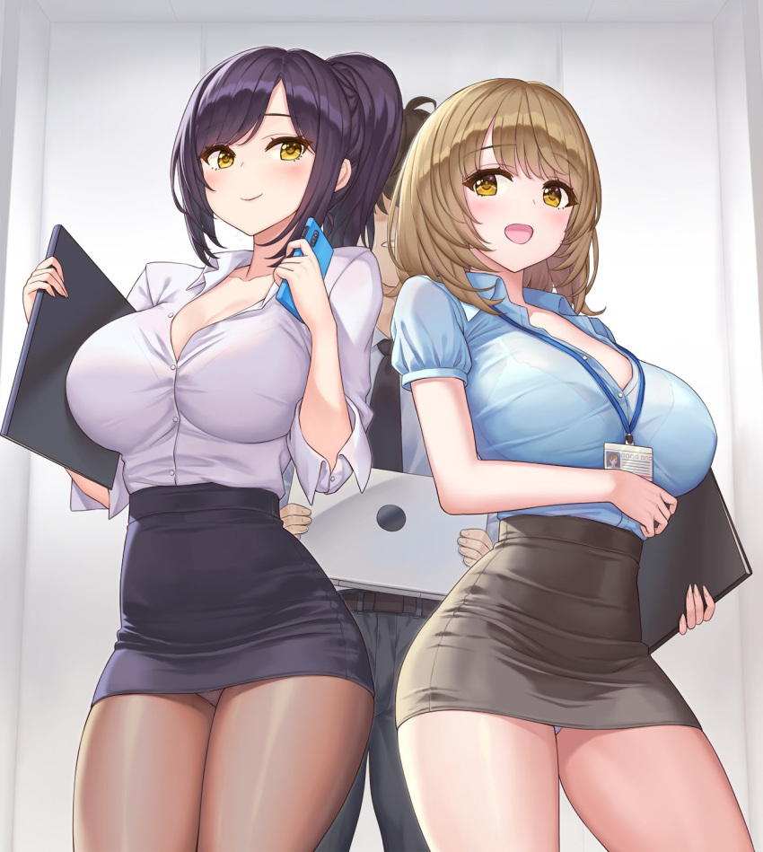 1boy, 2girls, bangs, belt, black_neckwear, blonde_hair, blue_shirt, blush