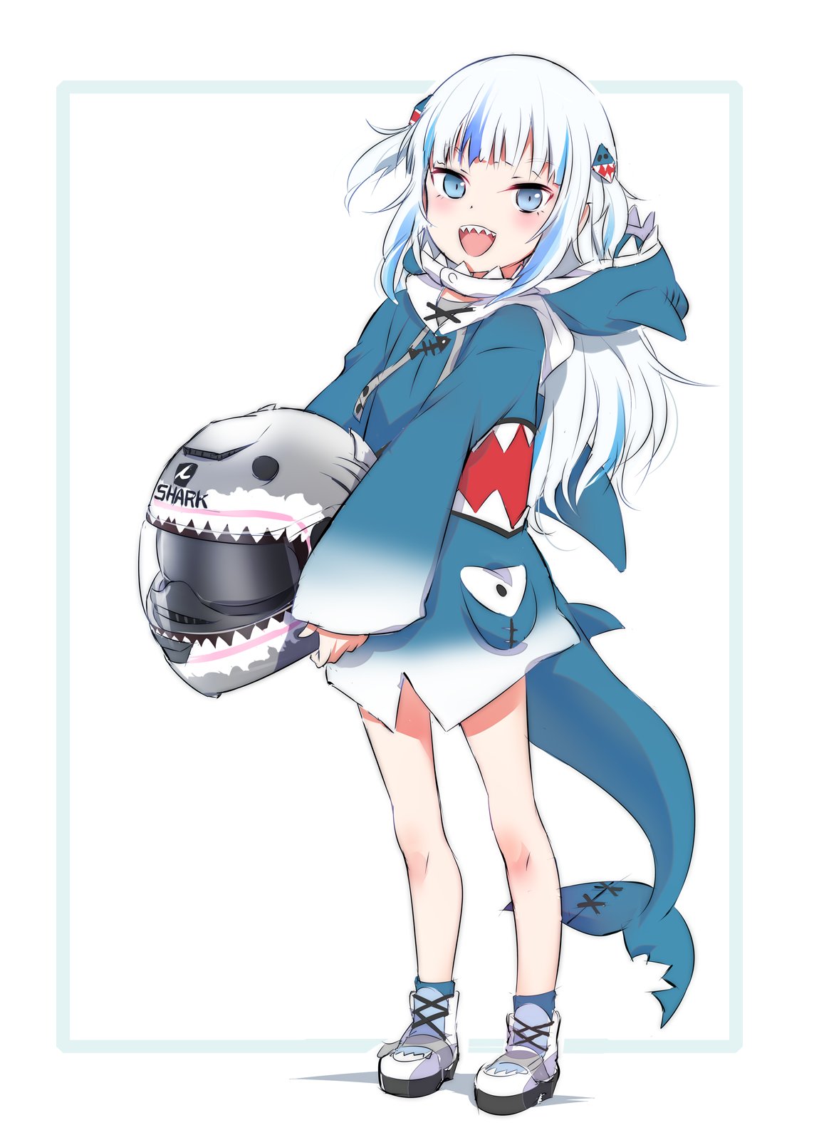 1girl, animal_hood, blue_eyes, gawr_gura, helmet, highres, hololive, hololive_english, hood, iesupa, long_sleeves, motorcycle_helmet, shark_girl, shark_hood, shark_print, shark_tail, sharp_teeth, shoes, sneakers, solo, tail, teeth, teeth_print, white_hair