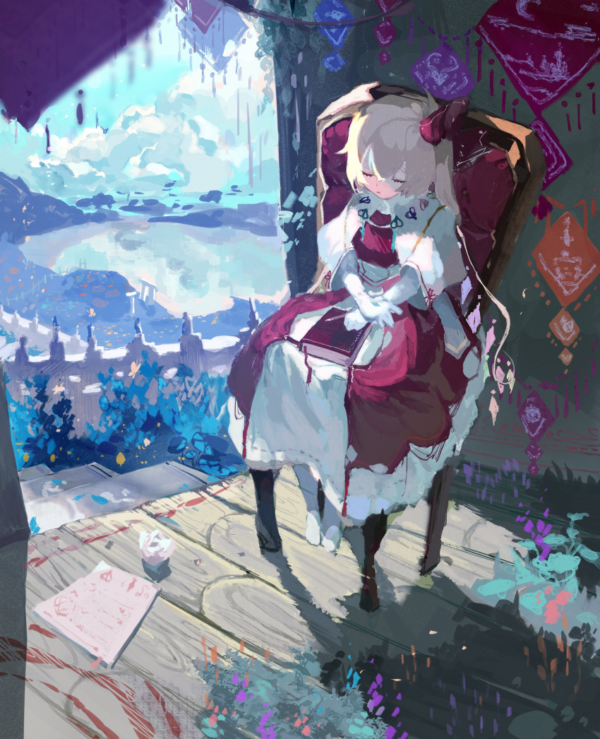 1girl, absurdres, adapted_costume, blonde_hair, book, book_on_lap, bow, bug