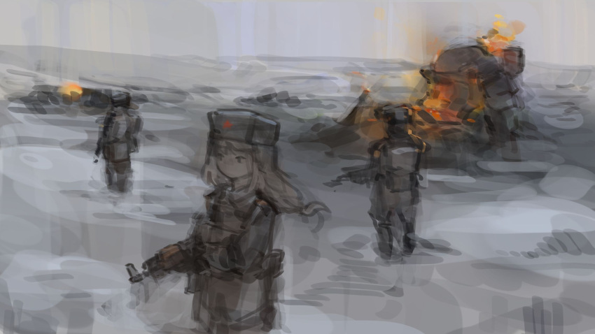 1girl, 2boys, brown_eyes, burning, floating_hair, gun, highres, holding