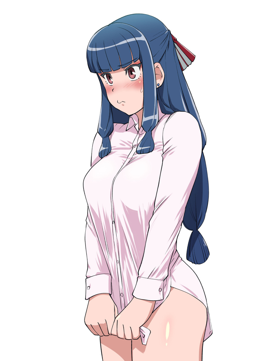 1girl, appare-ranman!, bangs, blue_hair, blunt_bangs, blush, breasts, eyebrows_visible_through_hair