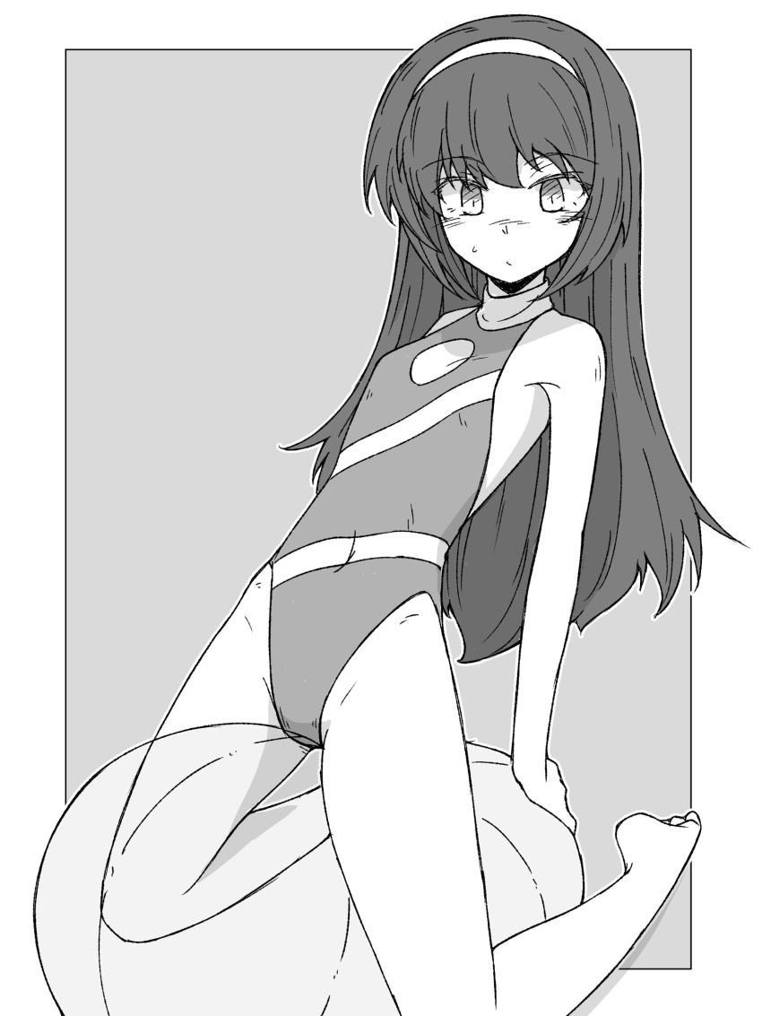1girl, absurdres, balancing_ball, bangs, barefoot, border, breasts, closed_mouth, commentary, covered_navel, eyebrows_visible_through_hair, girls_und_panzer, greyscale, hairband, halterneck, highleg, highleg_swimsuit, highres, kneeling, leaning_back, long_hair, looking_at_viewer, monochrome, one-piece_swimsuit, outside_border, reizei_mako, renshiu, small_breasts, solo, straddling, sweatdrop, swimsuit