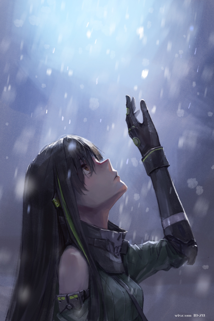 1girl, arm_up, bangs, bare_shoulders, black_gloves, brown_eyes, girls_frontline, gloves