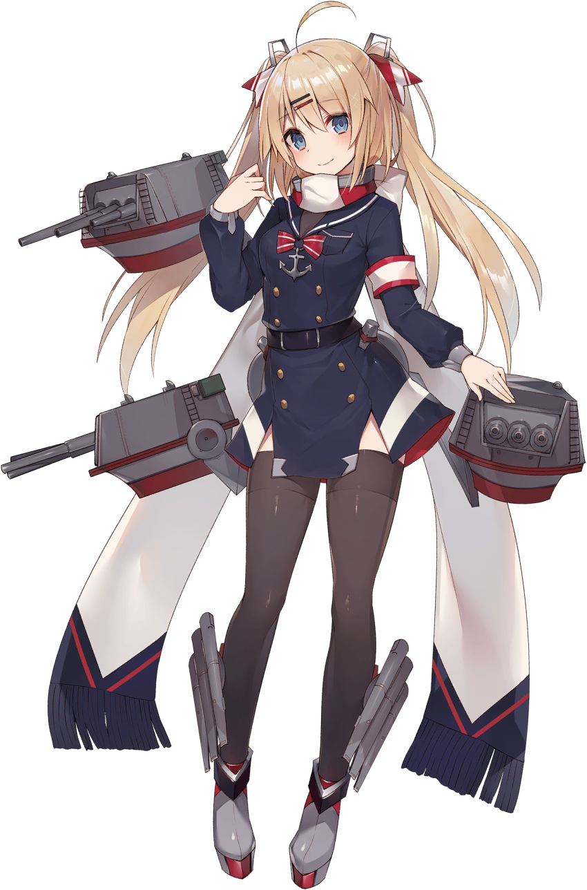 1girl, ahoge, armband, artist_request, bangs, belt, black_belt, black_legwear, blue_dress, blue_eyes, blue_oath, blush, boots, bow, bowtie, breasts, dress, eyebrows_visible_through_hair, full_body, hair_ornament, hair_ribbon, hairclip, highres, light_brown_hair, long_hair, long_sleeves, maxim_gorky_(blue_oath), official_art, red_neckwear, ribbon, rigging, scarf, small_breasts, smile, solo, thigh-highs, transparent_background, twintails