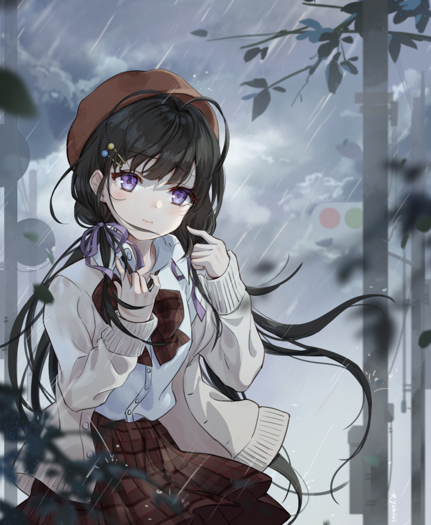 1girl, bangs, beret, black_hair, blurry, blurry_foreground, bow, brown_bow