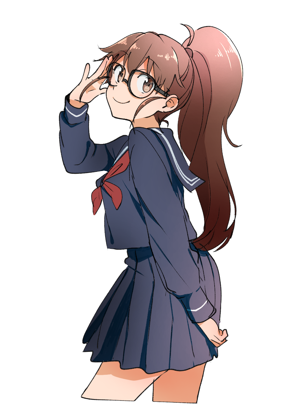 black-framed_eyewear, black_serafuku, black_skirt, brown_eyes, brown_hair, glasses, hand_up, highres, long_hair, long_sleeves, looking_at_viewer, ponytail, school_uniform, serafuku, simple_background, skirt, smile, solo, standing, taneshima_popura, white_background, working!!, yusa_(strn_yrny)