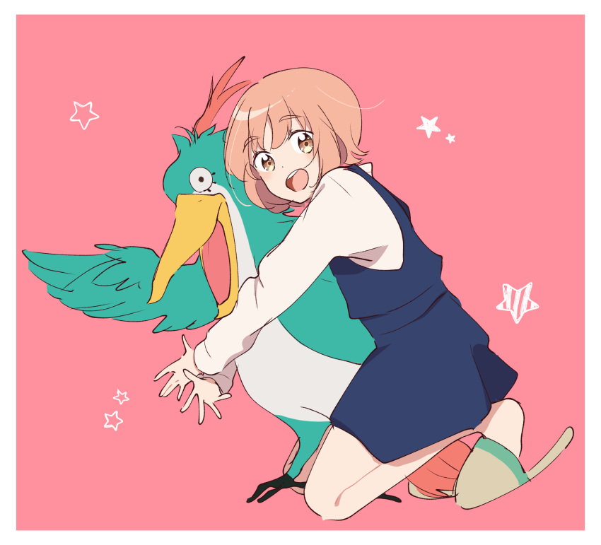 1girl, :o, aragaki_bigbird, aragaki_rei, bird, blue_skirt, brown_eyes, eyebrows_visible_through_hair