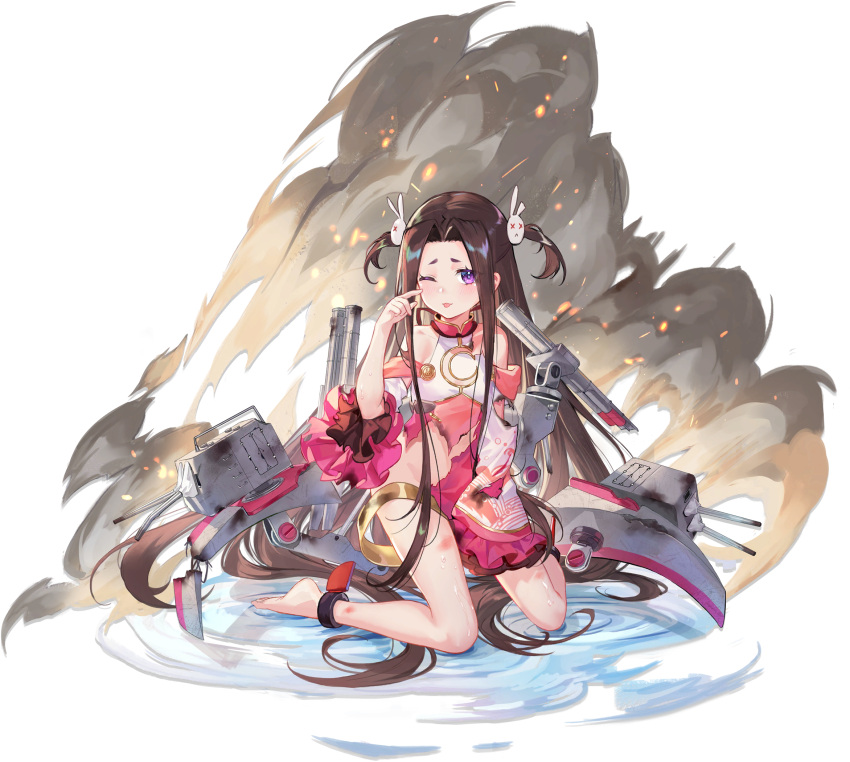 1girl, artist_request, bare_legs, barefoot, blue_oath, blush, brown_hair, bunny_hair_ornament, crescent, crescent_cutout, damaged, detached_sleeves, dress, fang, frilled_sleeves, frills, hair_ornament, highres, kneeling, long_hair, long_sleeves, ning_hai_(blue_oath), official_art, one_eye_closed, pink_dress, rigging, short_dress, sidelocks, smoke, solo, thigh_strap, tongue, tongue_out, torn_clothes, transparent_background, two_side_up, violet_eyes, water