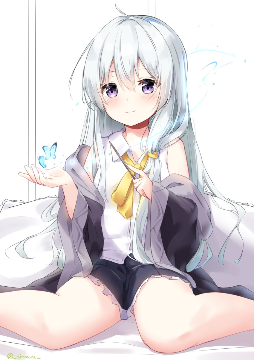 1girl, bangs, blue_eyes, blush, bug, butterfly, elaina_(majo_no_tabitabi), feet_out_of_frame