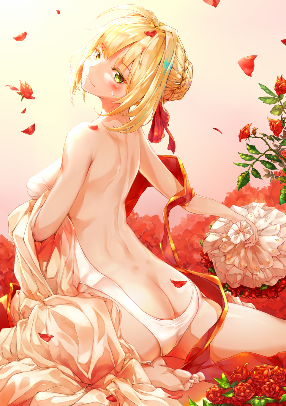 1girl, ahoge, ass, barefoot, blonde_hair, blush, fate/grand_order, fate_(series)