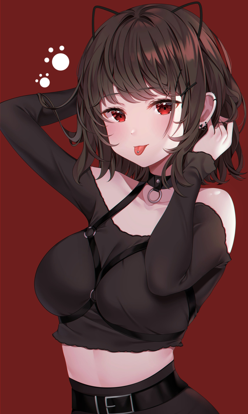 1girl, absurdres, animal_ears, arm_up, belt, between_breasts, black_choker, black_hair