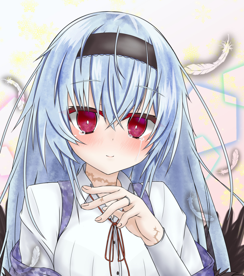 1girl, bangs, black_hairband, eyebrows_visible_through_hair, girls_frontline, hairband, highres, long_hair, looking_at_viewer, neck_ribbon, poyo_(codesion), red_eyes, red_ribbon, ribbon, scar, shirt, smile, solo, thunder_(girls_frontline), white_shirt