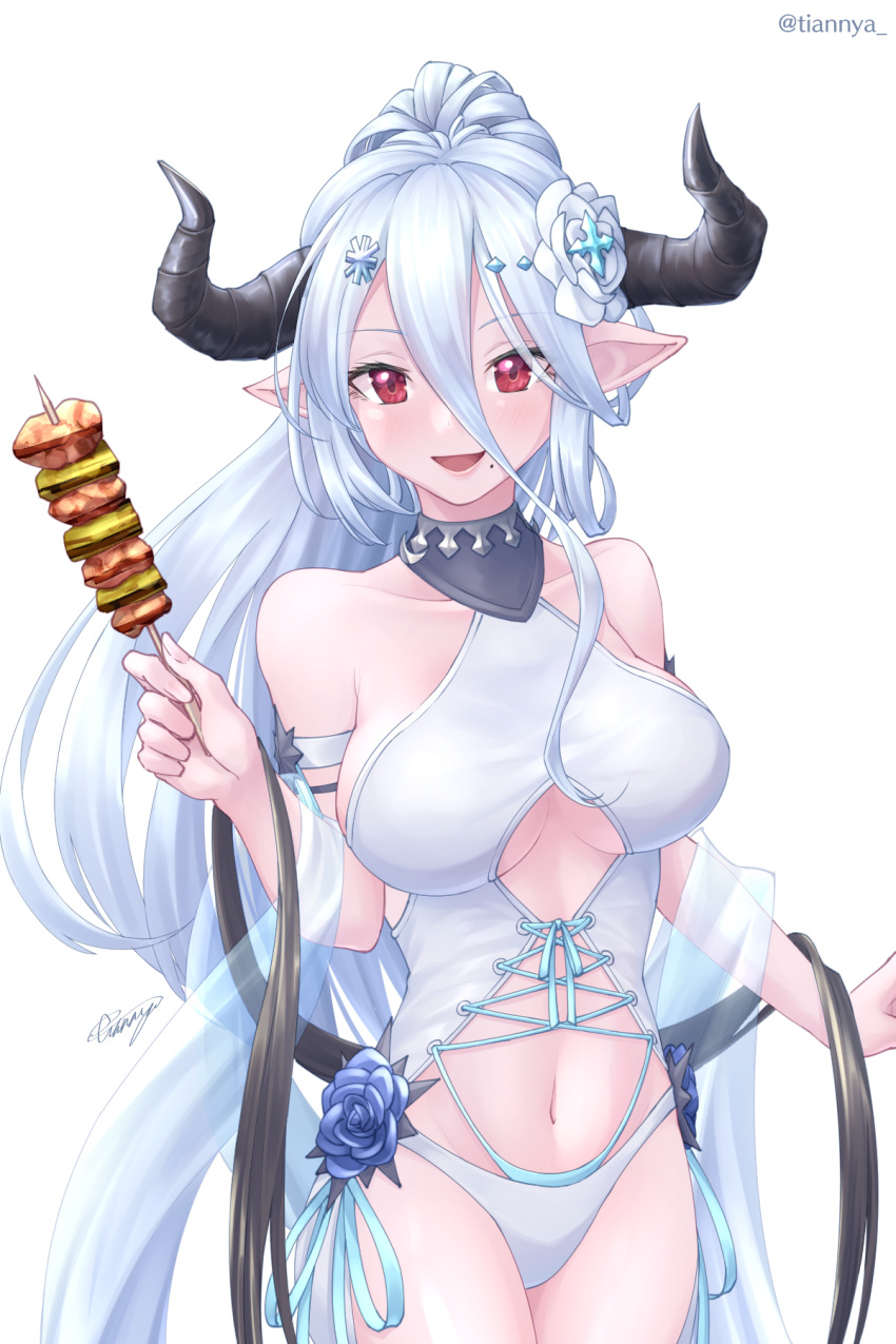1girl, bare_shoulders, blue_flower, blush, breasts, clothing_cutout, collarbone, corset, draph, drawstring, flower, food, food_request, granblue_fantasy, hair_between_eyes, hair_flower, hair_ornament, highres, holding, horns, izmir, kebab, large_breasts, light_blue_hair, long_hair, looking_at_viewer, mole, mole_under_mouth, navel, open_mouth, pointy_ears, red_eyes, simple_background, smile, snowflake_hair_ornament, solo, swimsuit, tian_nya, twitter_username, underboob_cutout, very_long_hair, white_background, white_flower