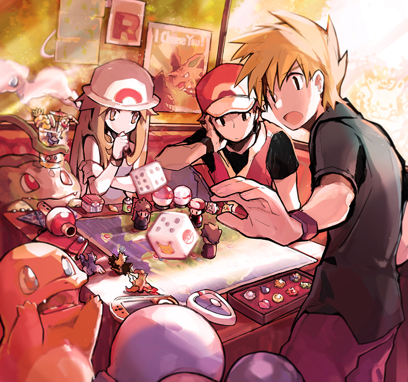 1girl, 2boys, badge, baseball_cap, black_shirt, blue_oak, board_game, brown_hair