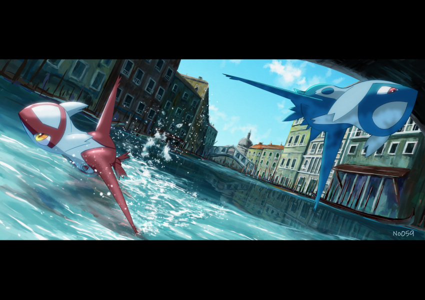 bridge, building, canal, clouds, commentary_request, day, gen_3_pokemon, latias