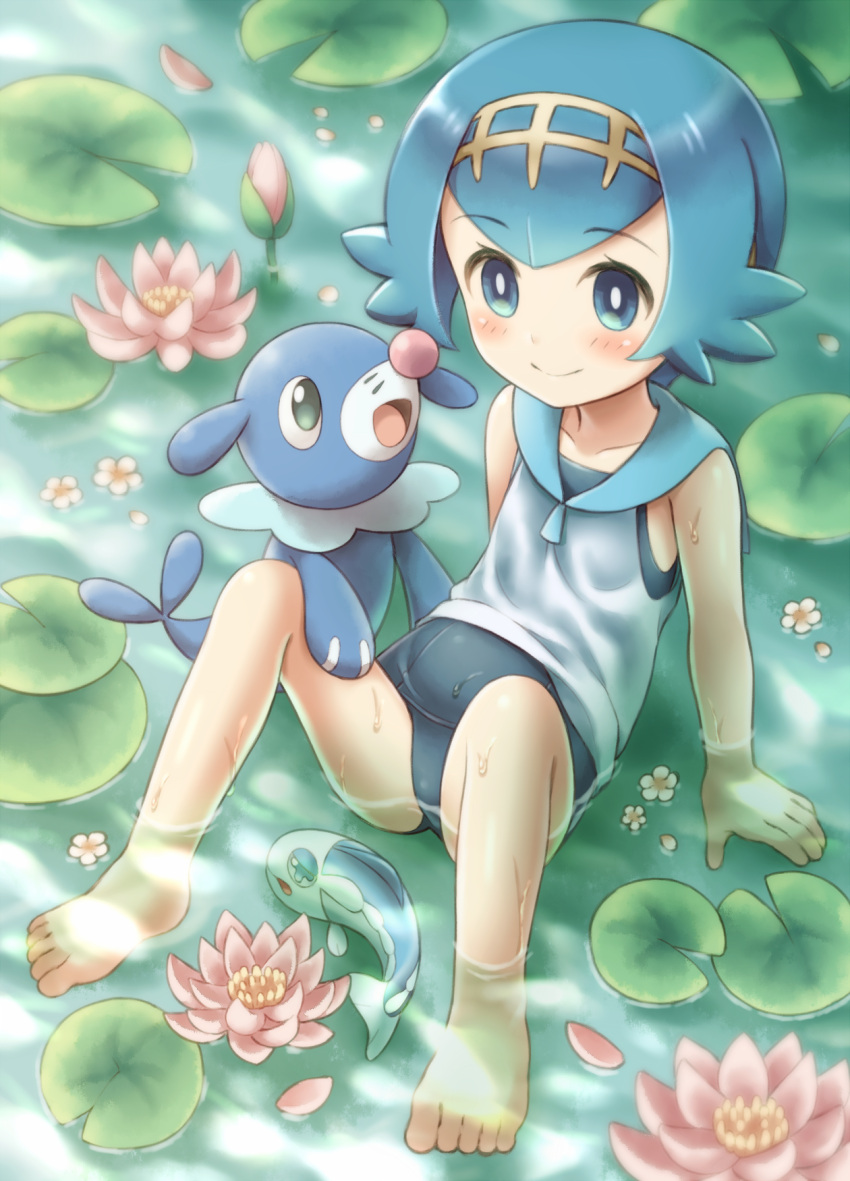 1girl, bangs, bare_arms, barefoot, blue_eyes, blue_hair, blush, closed_mouth