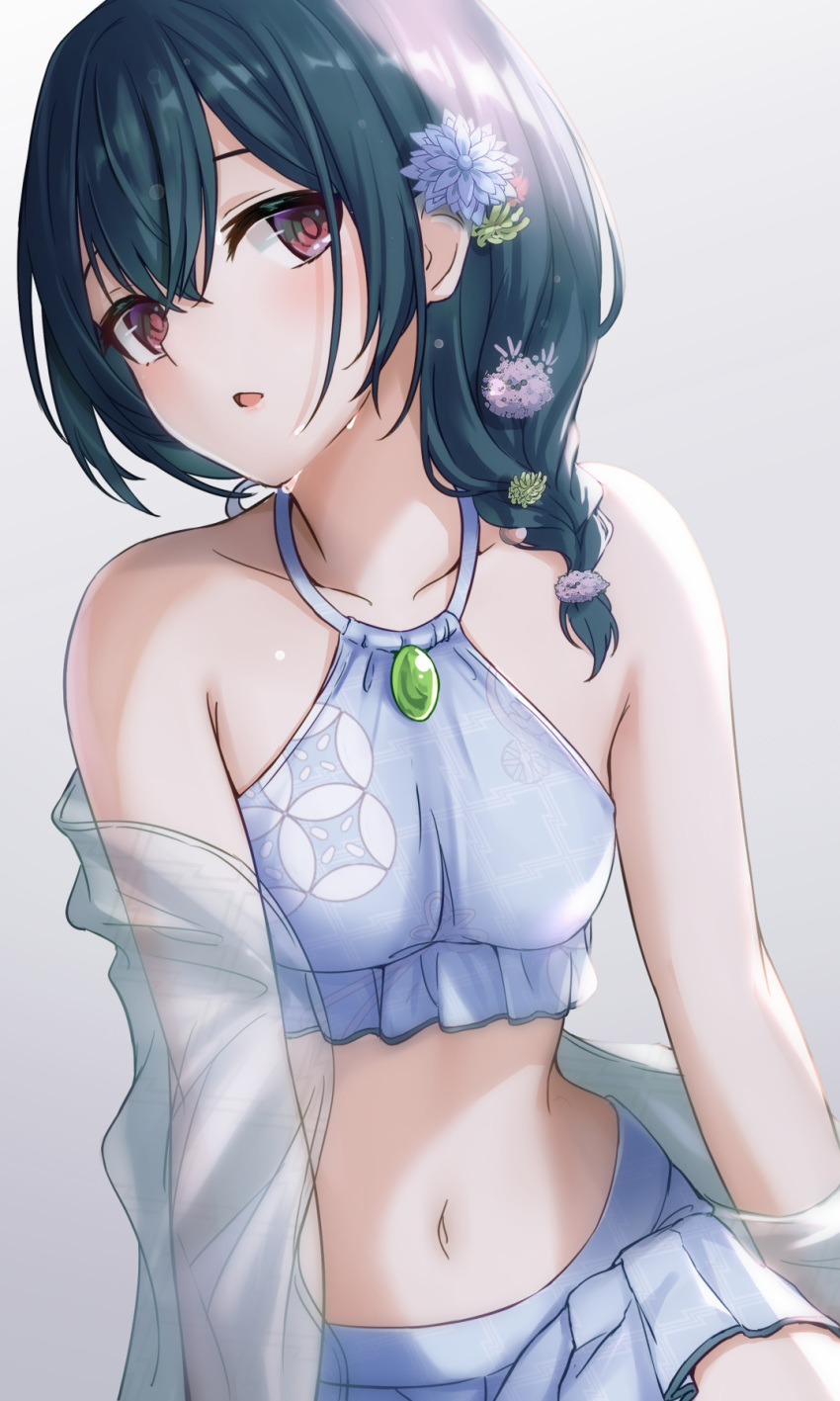 1girl, alisia0812, bangs, bikini, black_hair, blue_bikini, blush, braid