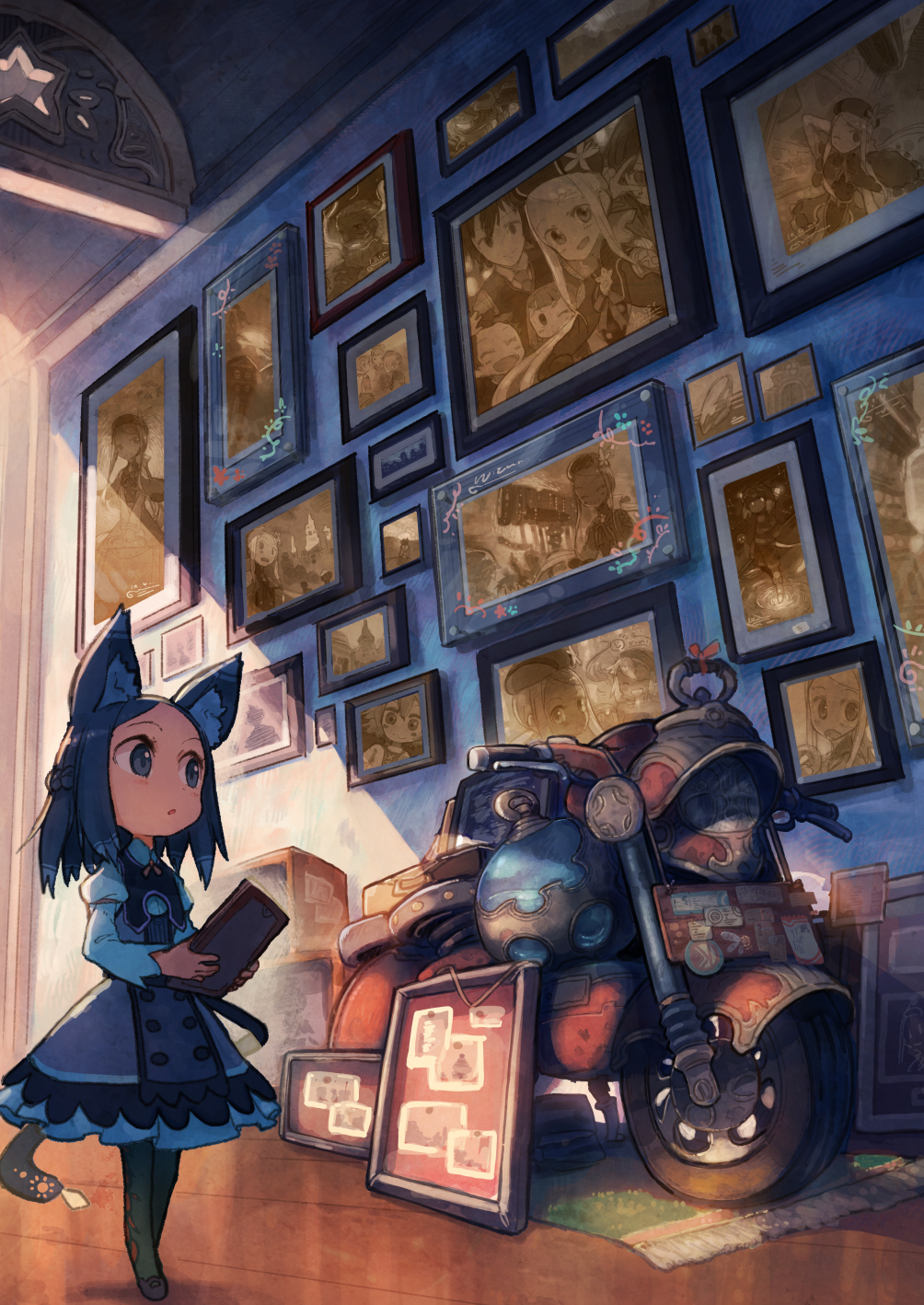 1girl, animal_ear_fluff, animal_ears, blue_eyes, blue_hair, braid, french_braid, ground_vehicle