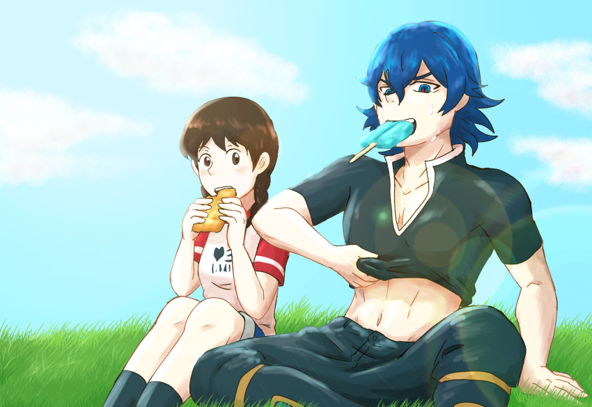 1boy, 1girl, amano_natsume, blue_hair, youkai_watch
