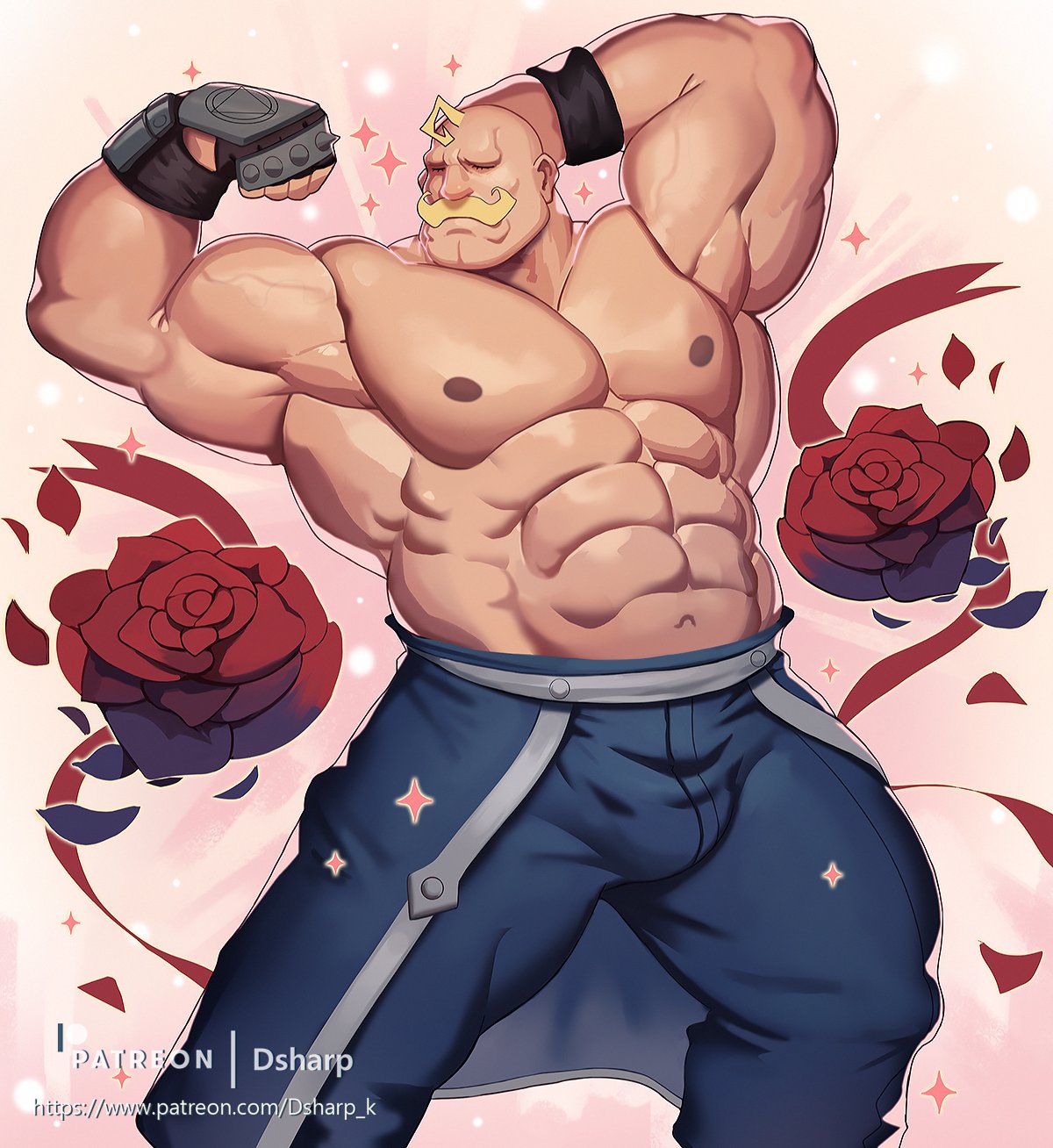 1boy, abs, alex_louis_armstrong, amestris_military_uniform, artist_name, bald, bara, blonde_hair