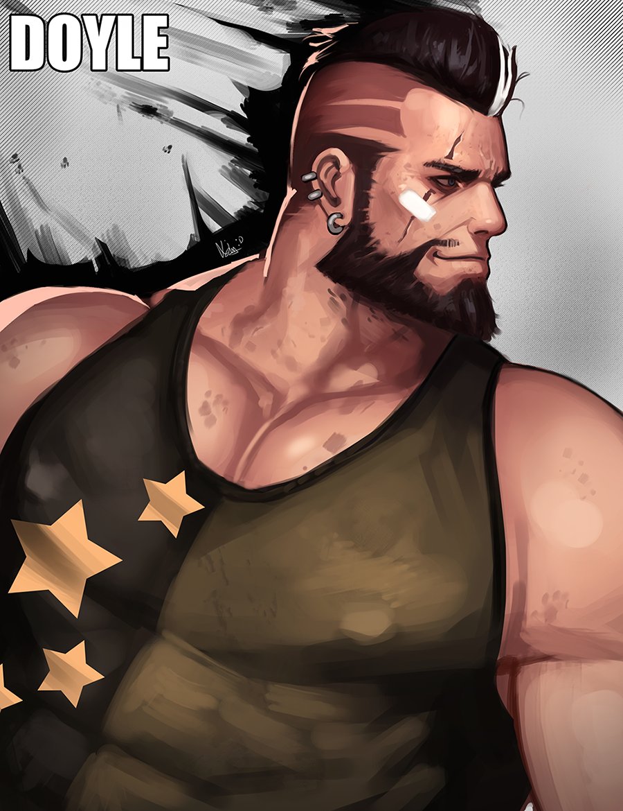 1boy, bandaid, bandaid_on_face, bara, bare_arms, bear, black_eyes, black_hair