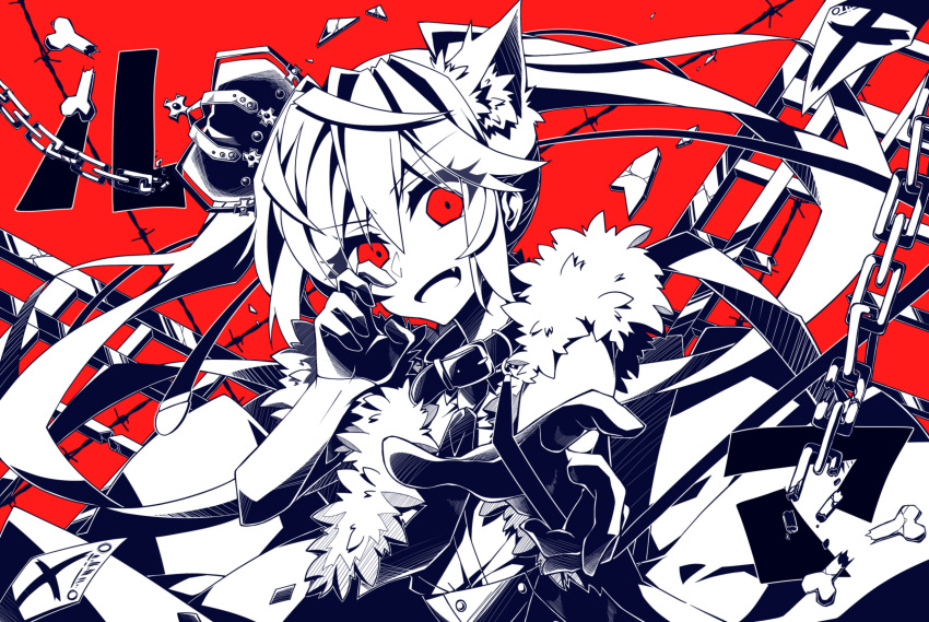 1girl, animal_ears, aosaki_yato, belt_collar, bone, broken_bone, cat_ears, chain