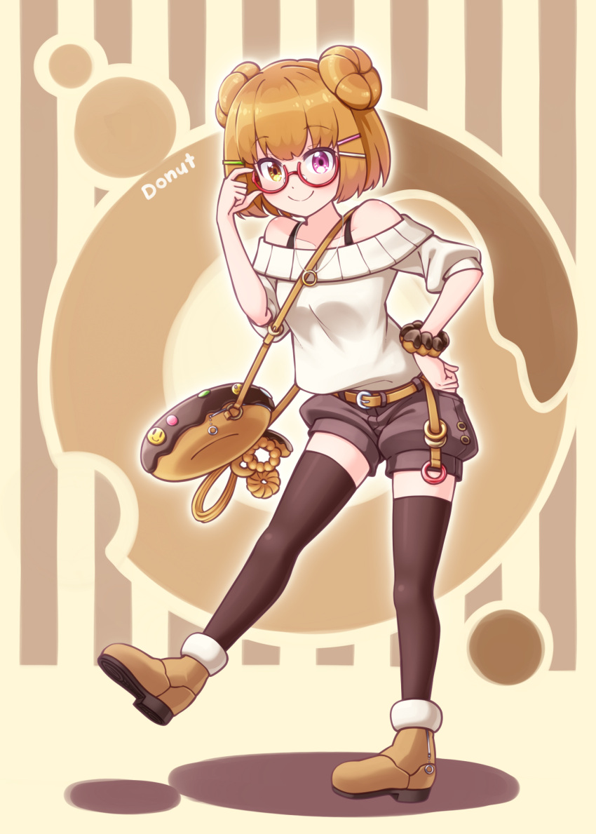 1girl, bag, bare_shoulders, belt, belt_buckle, black_legwear, black_shorts, blush