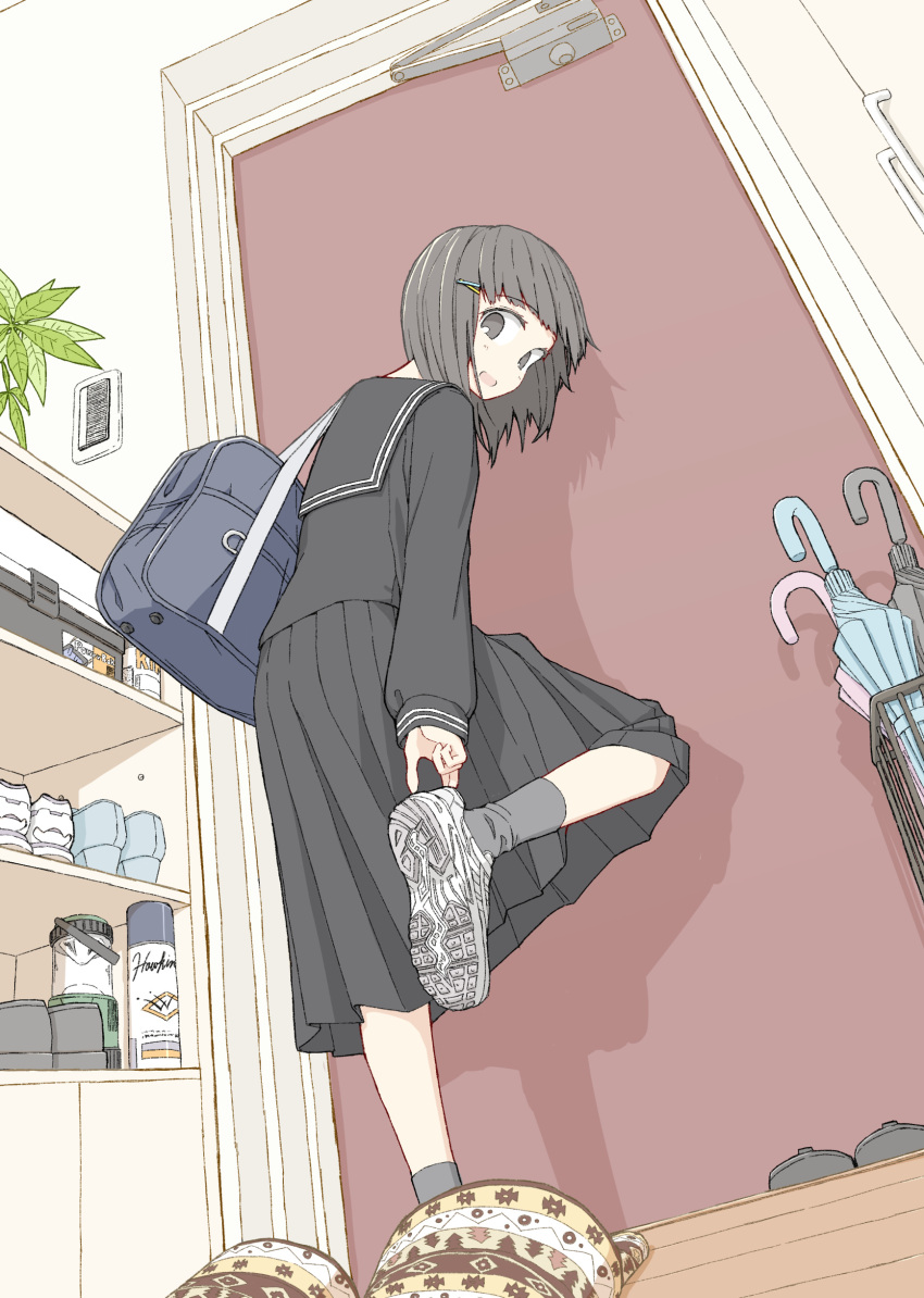 1girl, absurdres, adjusting_clothes, adjusting_footwear, adjusting_shoe, bag, bangs, black_hair