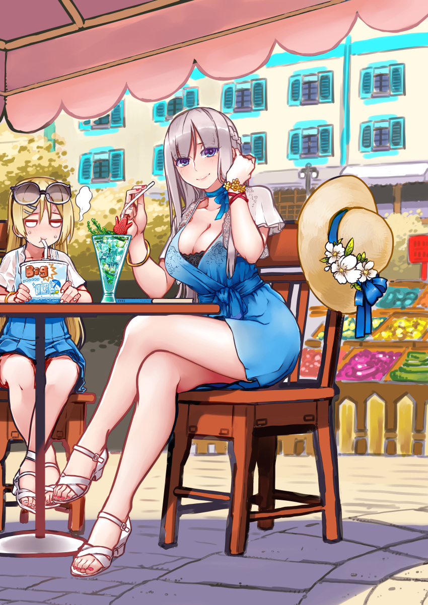 2girls, absurdres, blonde_hair, blue_dress, blue_eyes, braid, breasts, building, chair, crossed_legs, cup, day, dress, drinking_glass, drinking_straw, french_braid, hair_ornament, hairclip, hat, headwear_removed, highres, large_breasts, lexington_(warship_girls_r), long_hair, looking_at_viewer, multiple_girls, outdoors, platinum_blonde_hair, sandals, saratoga_(warship_girls_r), short_dress, sitting, smile, sun_hat, table, warship_girls_r, white_footwear, younger, z.s.w.