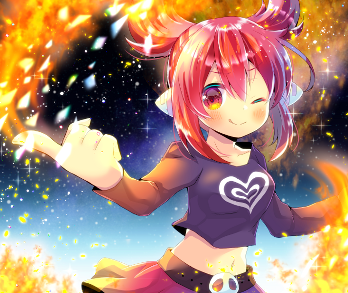 100_percent_orange_juice, 1girl, ;q, bangs, belt, black_belt, black_shirt, blush, breasts, closed_mouth, collarbone, crop_top, eyebrows_visible_through_hair, fire, hair_between_eyes, heart, heart_print, index_finger_raised, kae, kouu_hiyoyo, long_sleeves, looking_at_viewer, medium_breasts, midriff, navel, one_eye_closed, print_shirt, red_eyes, red_skirt, redhead, robot_ears, shirt, skirt, skull_belt, smile, solo, suguri, tongue, tongue_out, v-shaped_eyebrows