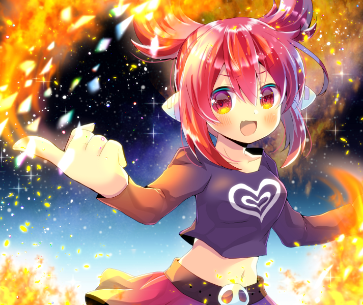 100_percent_orange_juice, 1girl, :d, bangs, belt, black_belt, black_shirt, blush
