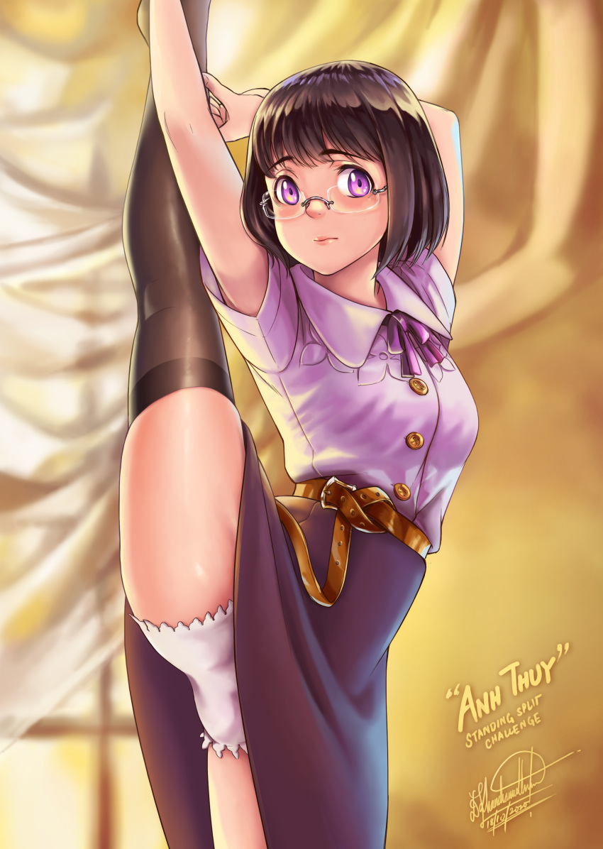 1girl, absurdres, ass, bangs, bloomers, blouse, blush, bob_cut, bow, breasts, brown_hair, darun_khanchanusthiti, dress, glasses, highres, leg_lift, leg_up, legs, looking_at_viewer, panties, ribbon, short_hair, skirt, split, standing, standing_on_one_leg, standing_split, thigh-highs, thighs, underwear, violet_eyes, white_panties