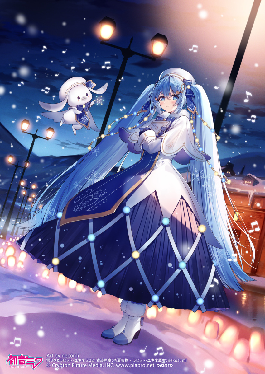 1girl, 1other, bass_clef, beamed_eighth_notes, beret, blue_bow, blue_dress, blue_gloves