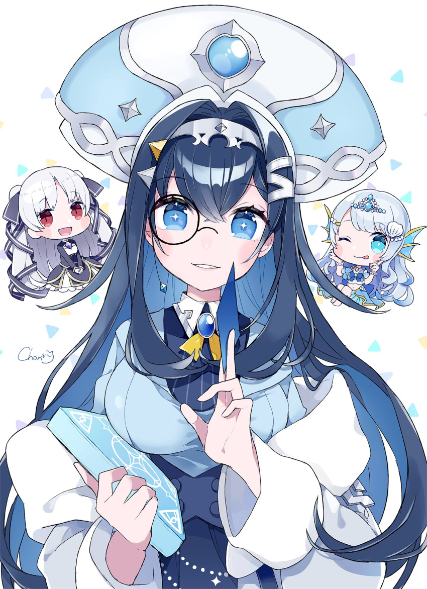 3girls, artia, book, character_doll, chibi, chon_(chon33v), doris_(hololive), hair_ornament