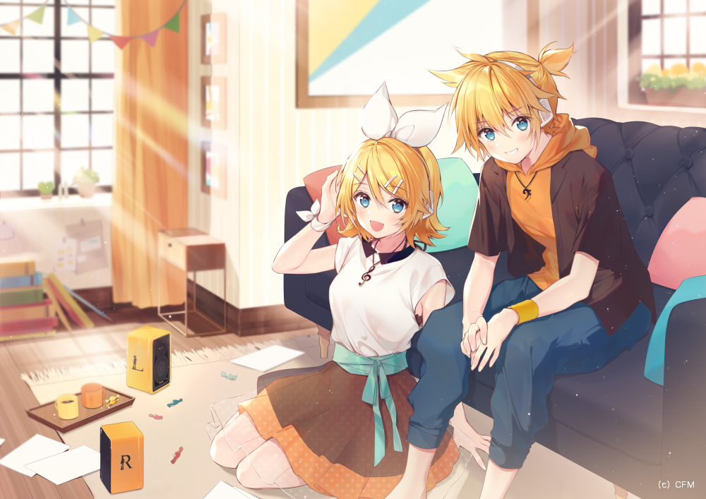 1boy, 1girl, bangs, bass_clef, black_shirt, black_skirt, blonde_hair, blue_eyes, blue_pants, blush, bow, bracelet, candy, commentary, couch, crypton_future_media, cup, curtains, cushion, food, grin, hair_bow, hair_ornament, hairclip, headphones, hood, hoodie, indoors, jewelry, kagamine_len, kagamine_rin, looking_at_viewer, miniskirt, musical_note_necklace, necomi, official_art, open_mouth, orange_hoodie, painting_(object), pants, paper, plant, potted_plant, rug, seiza, shirt, short_hair, short_ponytail, short_sleeves, sitting, skirt, smile, speaker, spiky_hair, sunlight, swept_bangs, treble_clef, vocaloid, white_bow, white_shirt, window, wooden_floor, wristband