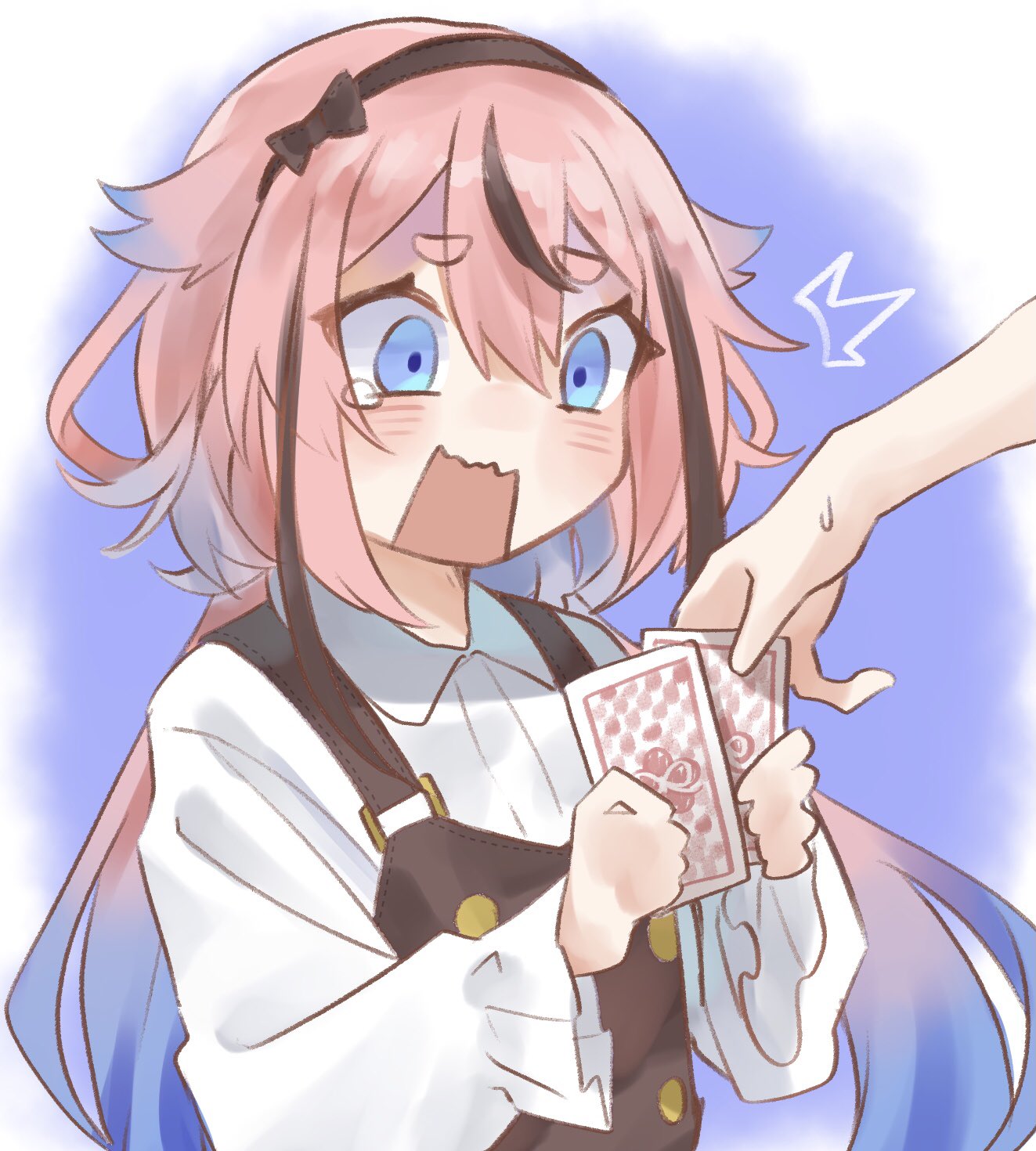 /\/\/\, 1other, blue_eyes, blue_hair, blush, card, commentary, constricted_pupils, grabbing, gradient_hair, hairband, highres, holding_playing_card, isobee, long_sleeves, meika_hime, multicolored_hair, open_mouth, out_of_frame, pink_hair, playing_card, shirt, streaked_hair, surprised, suspenders, sweat, tears, thick_eyebrows, vocaloid, wavy_mouth, white_shirt