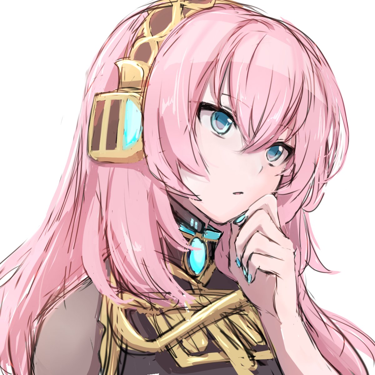 1girl, aqua_nails, black_shirt, blue_eyes, commentary, gold_trim, hand_on_own_chin, headphones